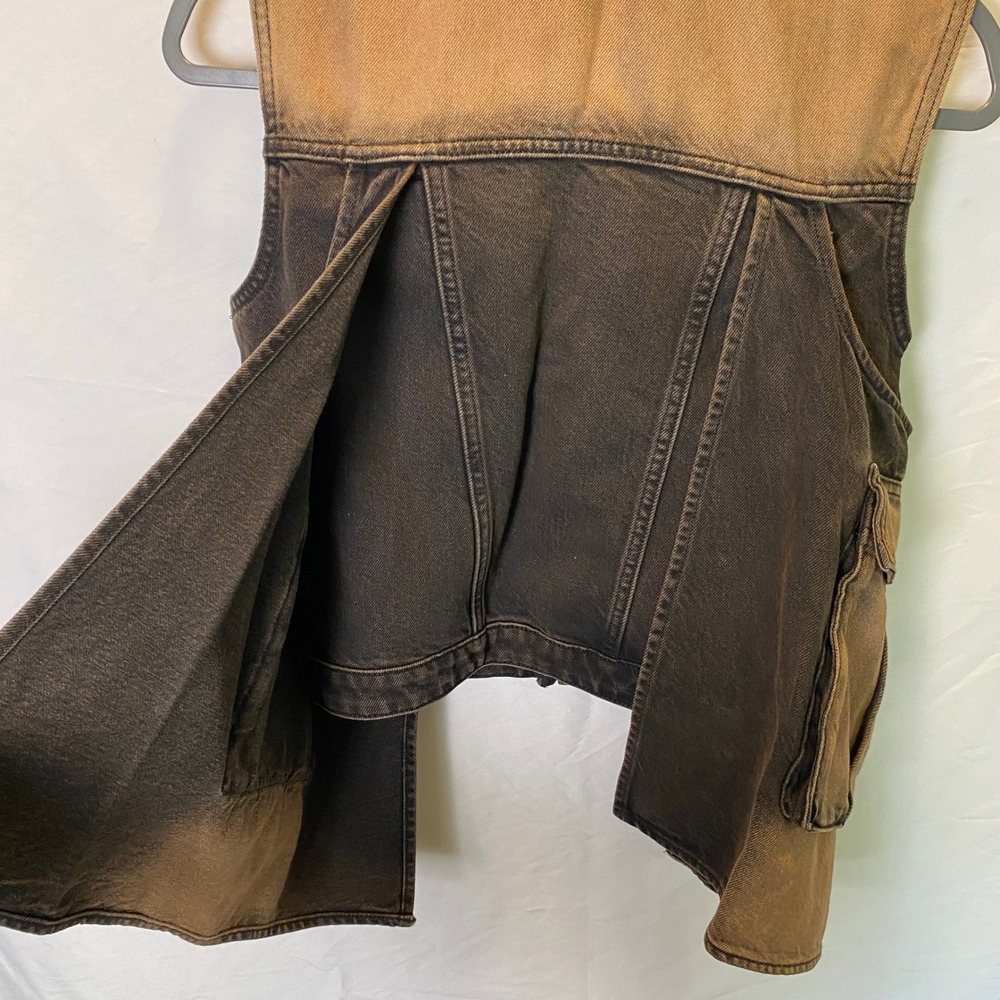 Wrangler Utility Vest Women Sample Brown Tint Black Denim Zip Cargo Grunge - Picture 6 of 10